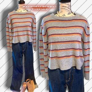 Emory Park Retro Fuzzy Grey Striped Pullover Lightweight Sweater, Medium